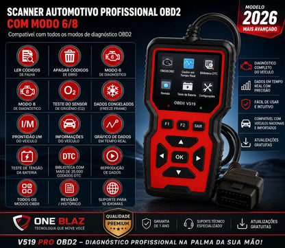 Scanner Automotivo OBD2 V519 Pro – Diagnóstico Profissional e Apagador de Luz da Injeção