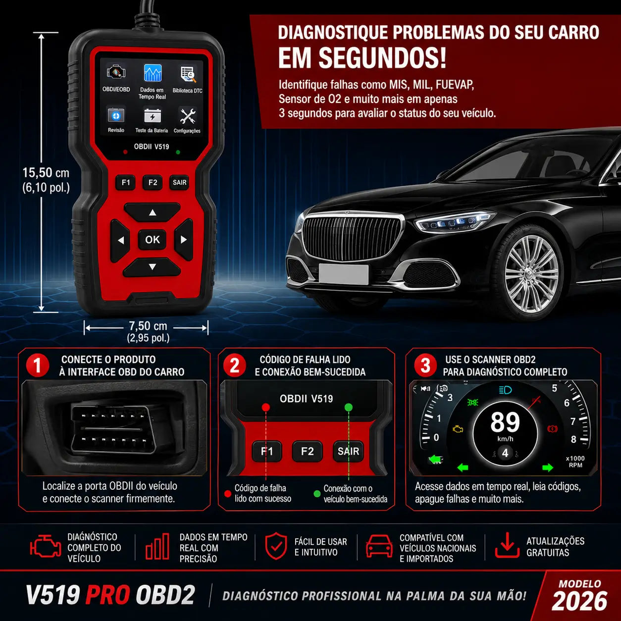 Scanner Automotivo OBD2 V519 Pro – Diagnóstico Profissional e Apagador de Luz da Injeção