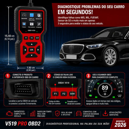 Scanner Automotivo OBD2 V519 Pro – Diagnóstico Profissional e Apagador de Luz da Injeção