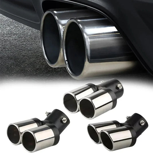 Ponteira de Escape Dupla Cromada Universal em Aço Inox – Saída Esportiva Curvada para Carro