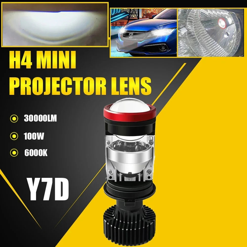 Lâmpada LED Automotiva H4 Mini Projetor 100W 30000LM – Farol Alto e Baixo com Turbo Fan 6000K (Kit 2 Peças)
