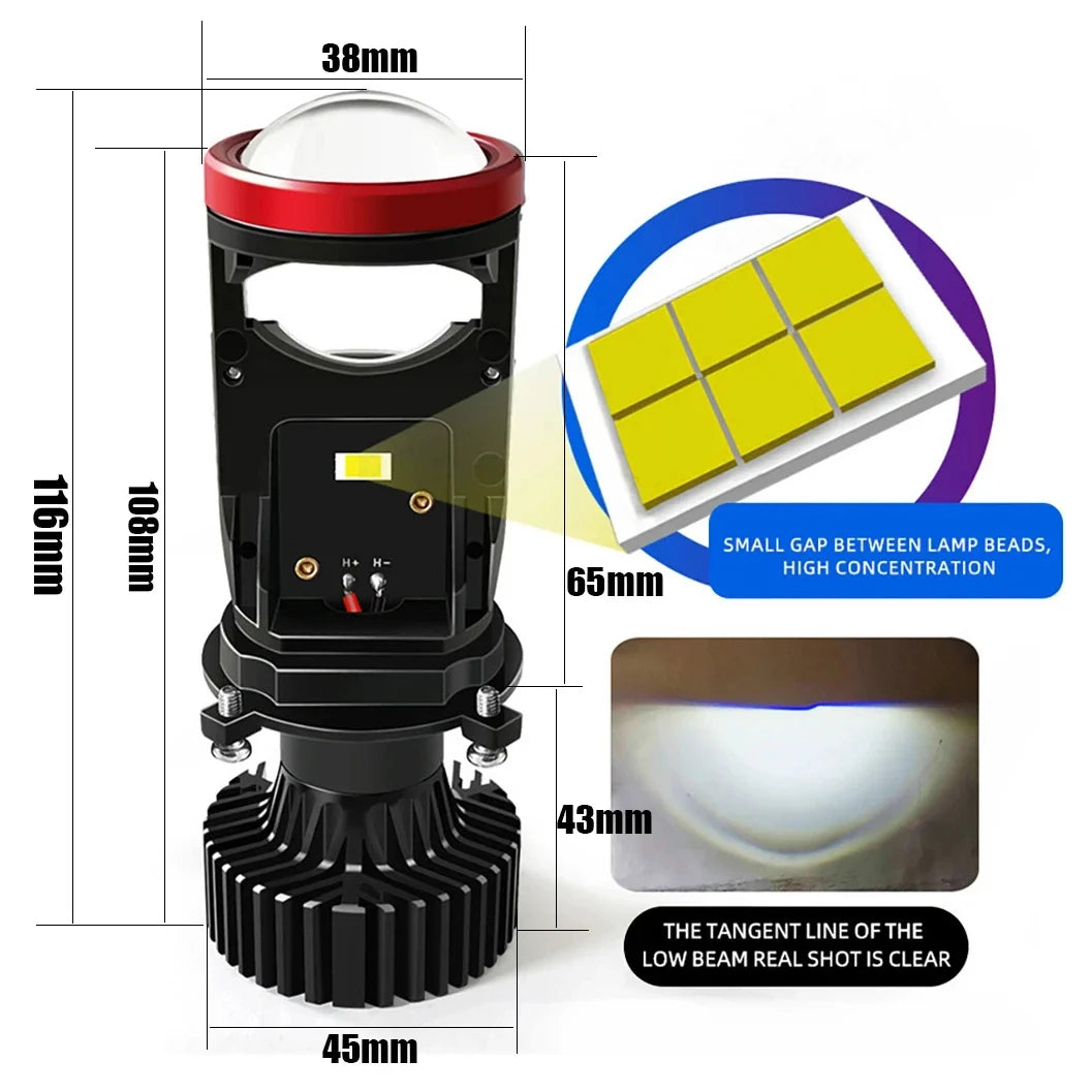 Lâmpada LED Automotiva H4 Mini Projetor 100W 30000LM – Farol Alto e Baixo com Turbo Fan 6000K (Kit 2 Peças)