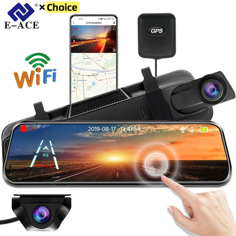 Câmera Veicular 2K DVR com WiFi e GPS Espelho Retrovisor – Dash Cam Automotiva com Visão Noturna e Monitoramento 24h