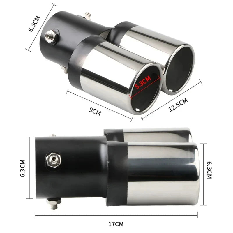 Ponteira de Escape Dupla Cromada Universal em Aço Inox – Saída Esportiva Curvada para Carro