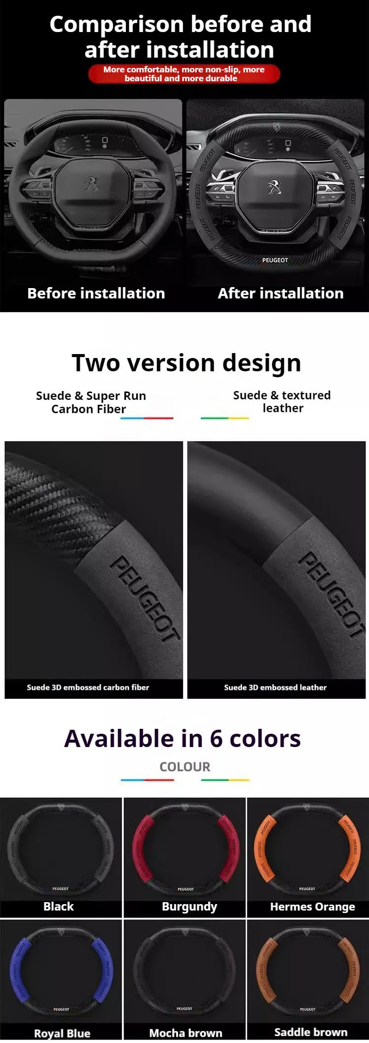 Capa de Volante Camurça + Fibra de Carbono Peugeot – Antiderrapante Esportiva Premium
