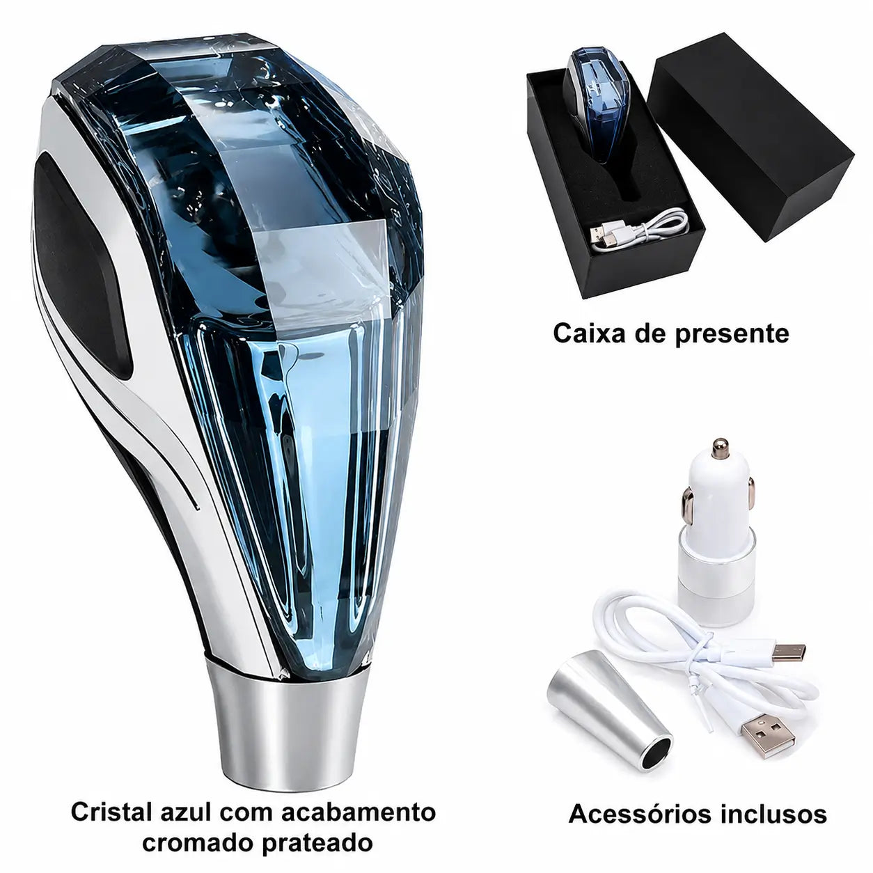 Manopla de Câmbio em Cristal com LED Recarregável Universal para Carros