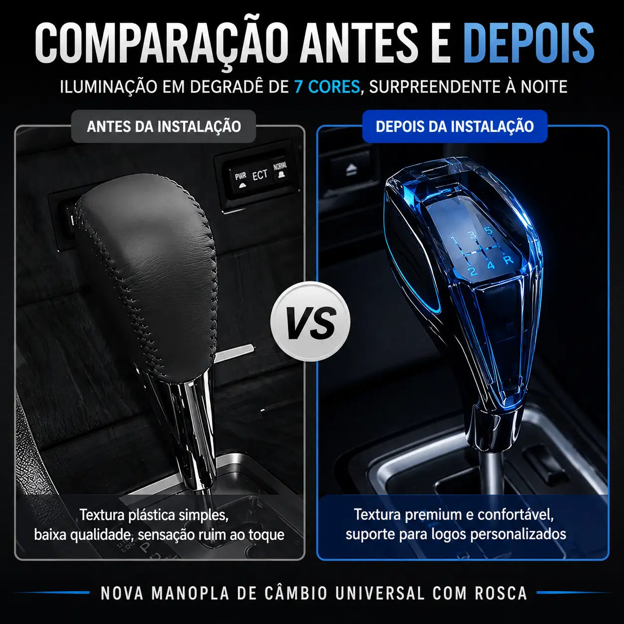 Manopla de Câmbio em Cristal com LED Recarregável Universal para Carros